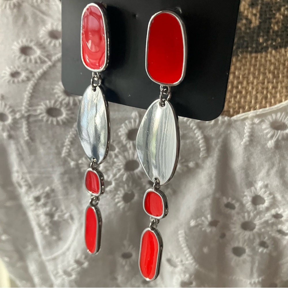 Red enamel and silver long earrings